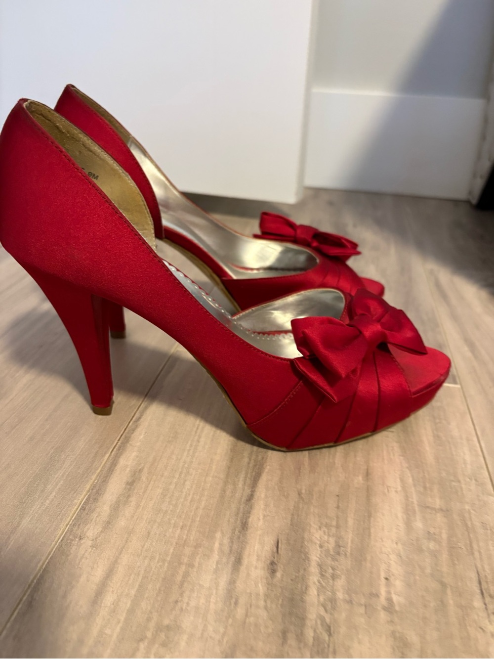 Red Satin Peep-Toe High Heels with Bow